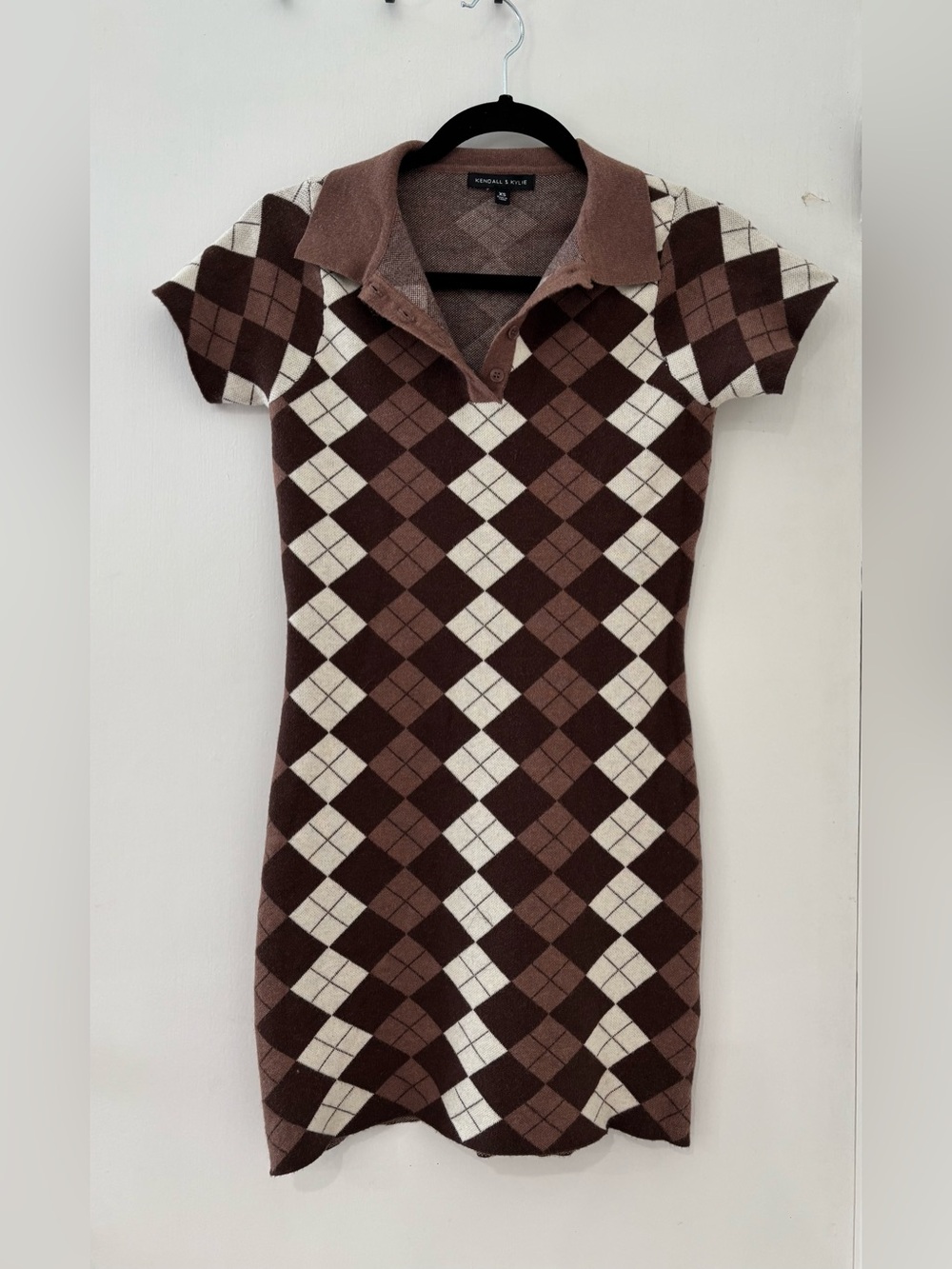 Kendall & Kylie XS Argyle Polo Sweater Mini Dress Brown Y2K inspired Preppy